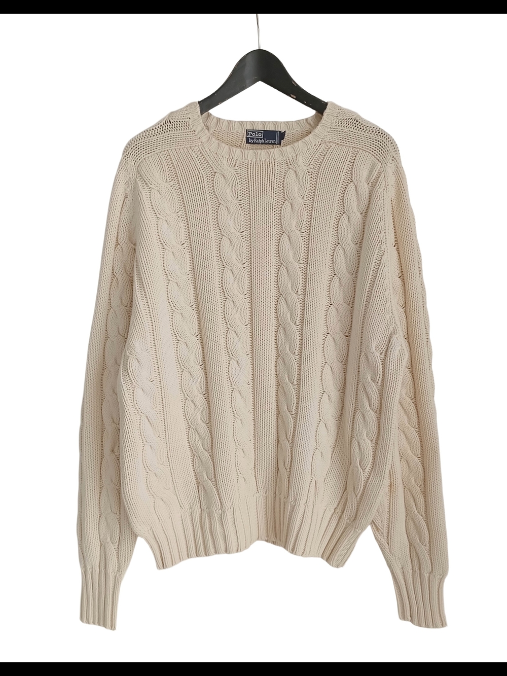 VTG 90s Polo Ralph Lauren Cream Cotton Cable Knit Crew Sweater L